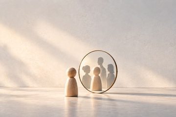 Holzfigur vor einem Spiegel mit mehreren menschlichen Silhouetten als Symbol für Selbstbild und Fremdbild.