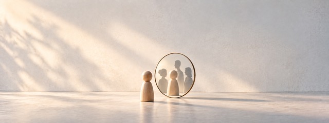 Holzfigur vor einem Spiegel mit mehreren menschlichen Silhouetten als Symbol für Selbstbild und Fremdbild.